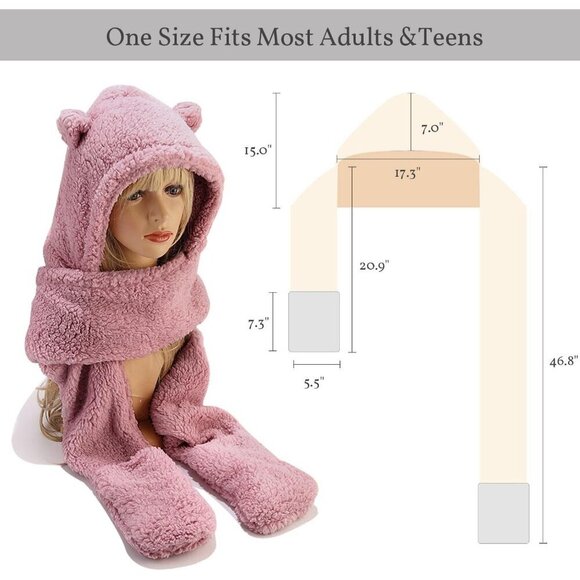 Unisex Pink Winter Bear Ear Sherpa Hood Hat Scarf Gloves 3 in1 100% Polyester main image 4